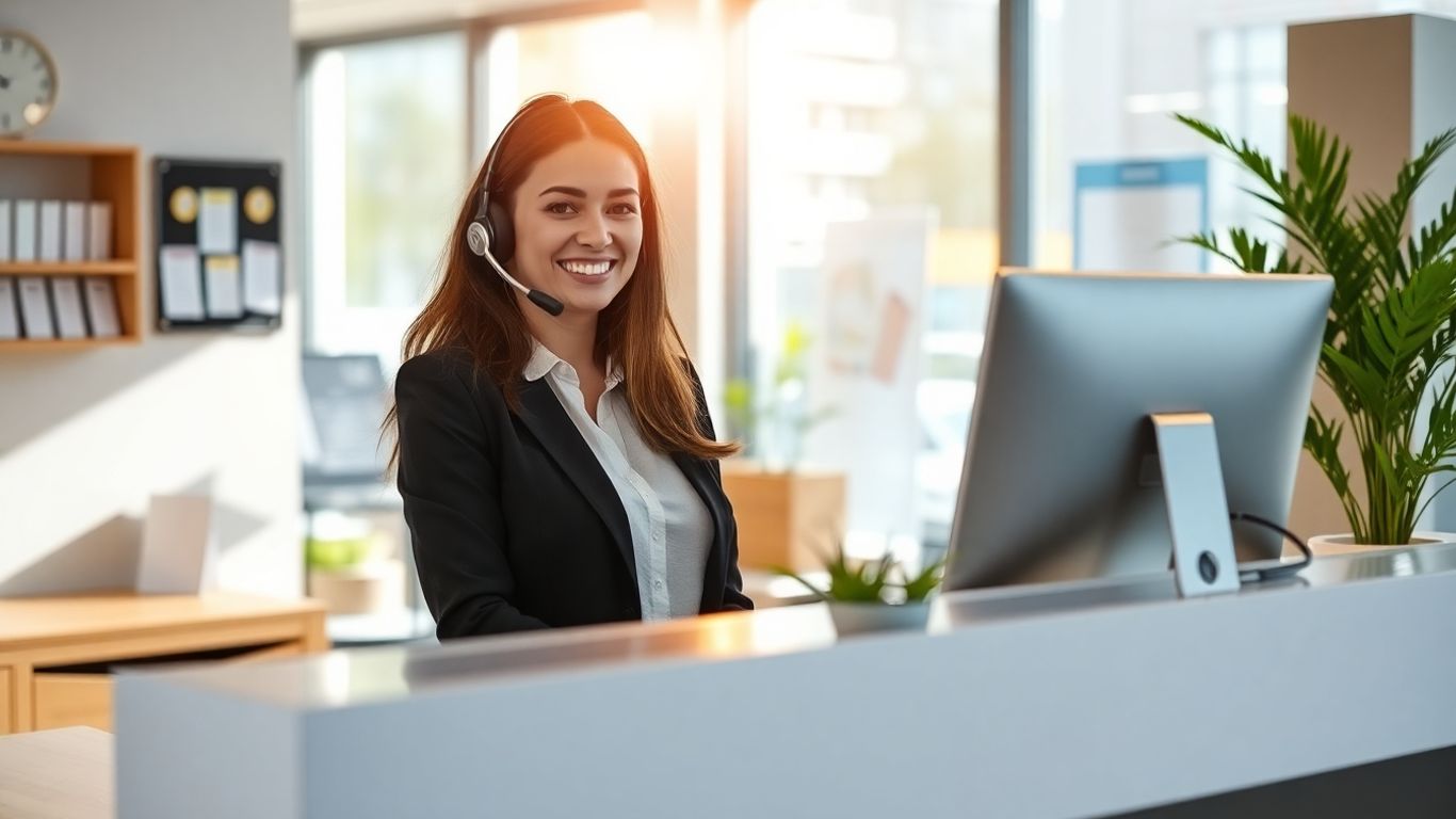Receptionist wearing headset at modern business front desk.