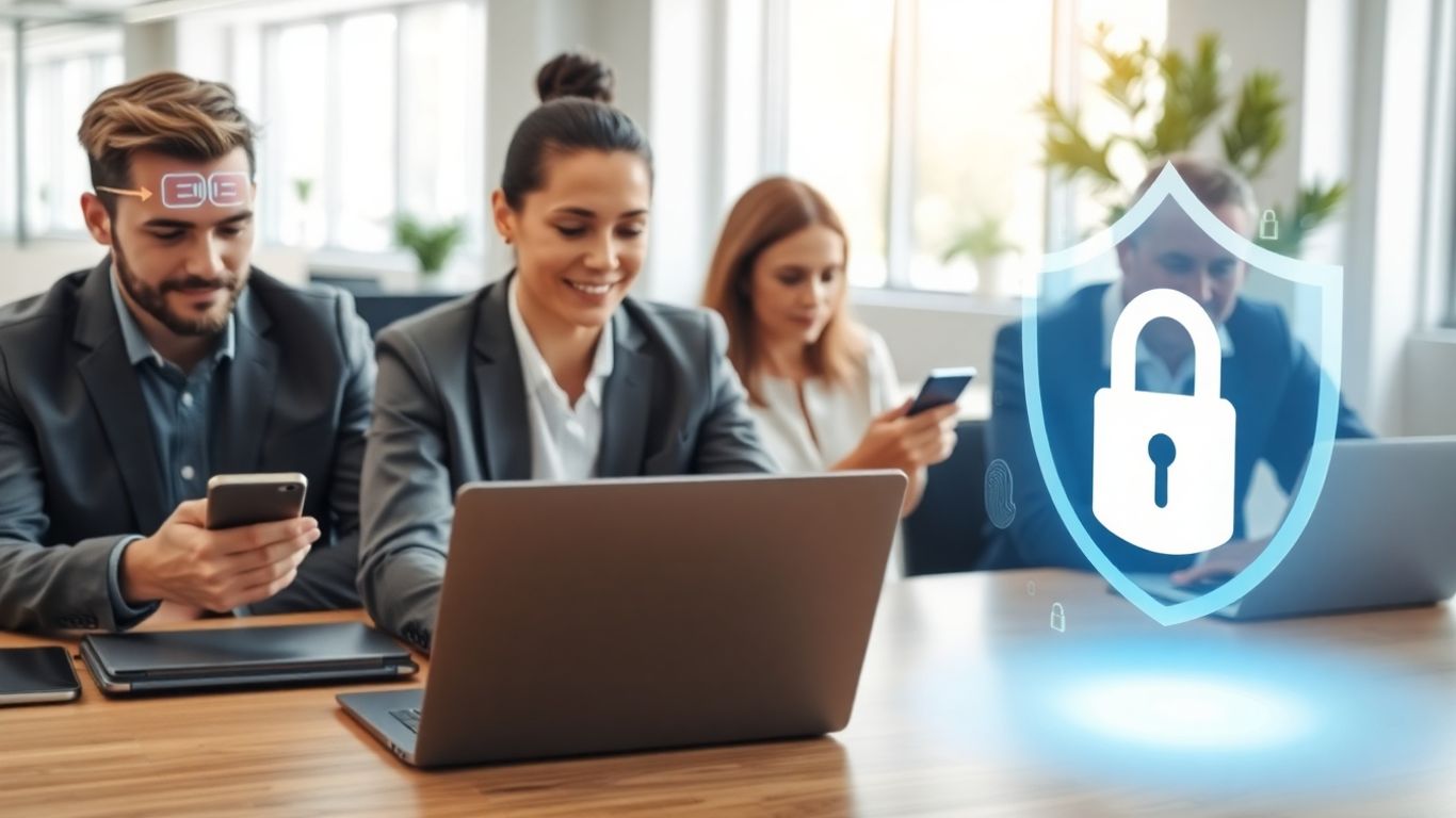 Employees using multifactor authentication in modern office setting