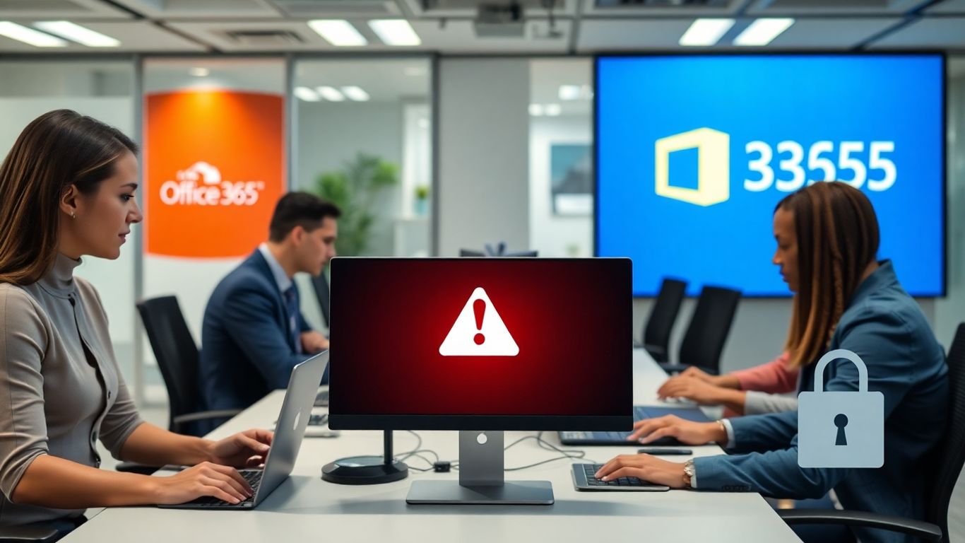 Office workers on laptops with Office 365 security visuals.