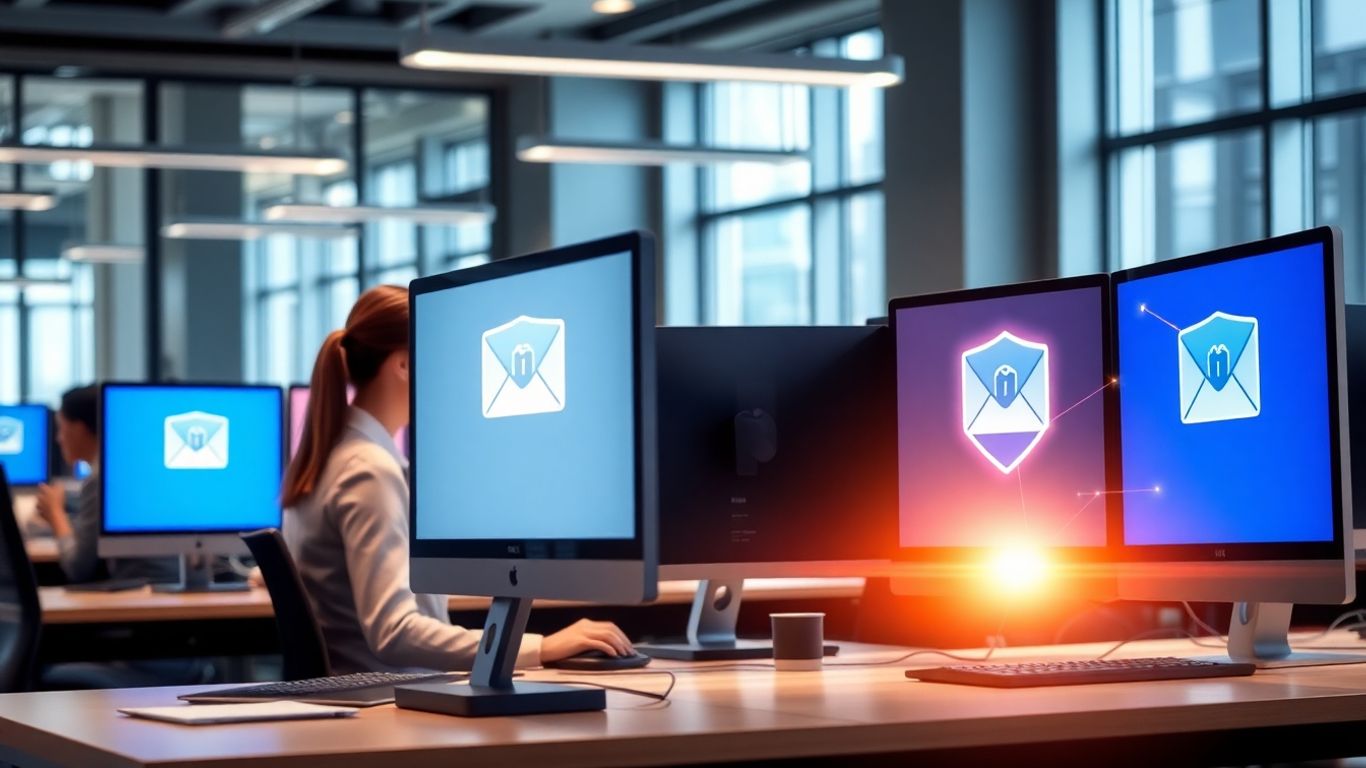 Office workers at computers protected by digital security shields.