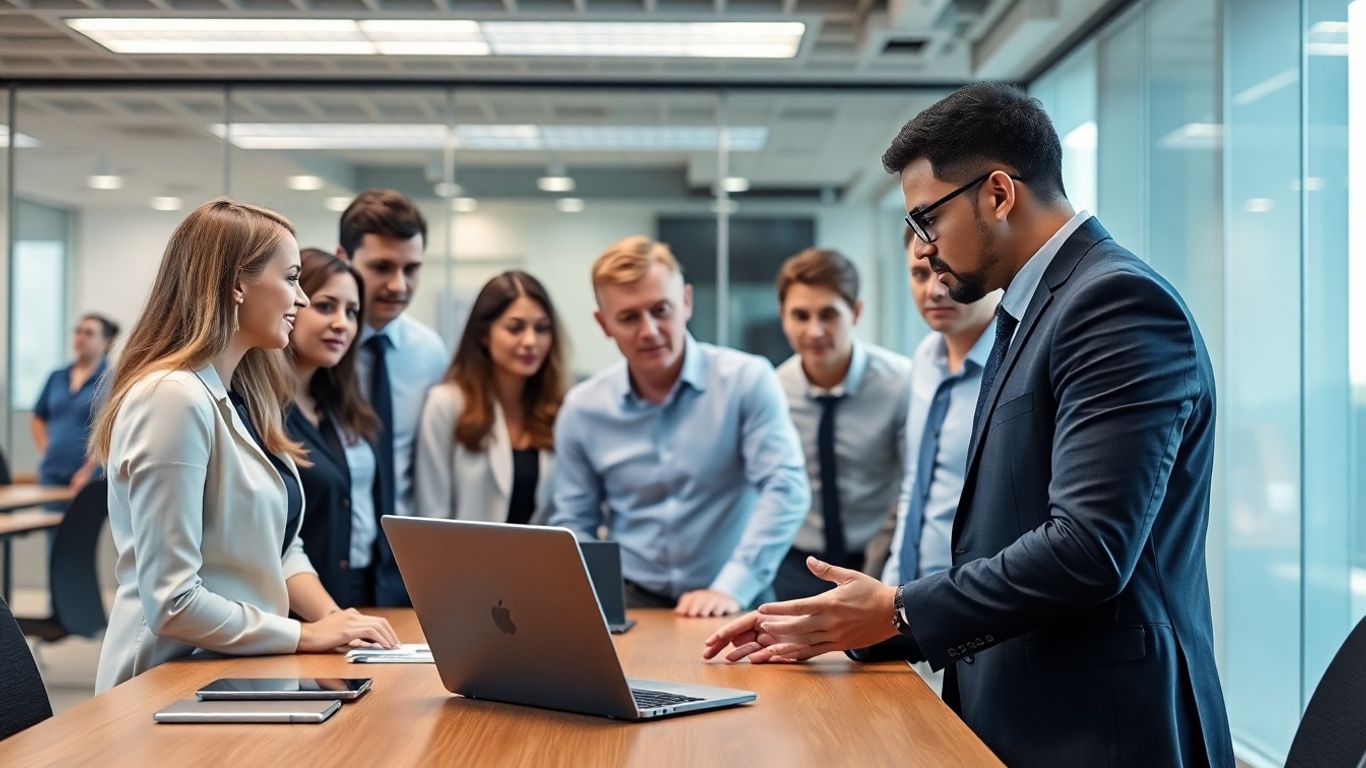 Employees receiving security awareness training in a modern office.