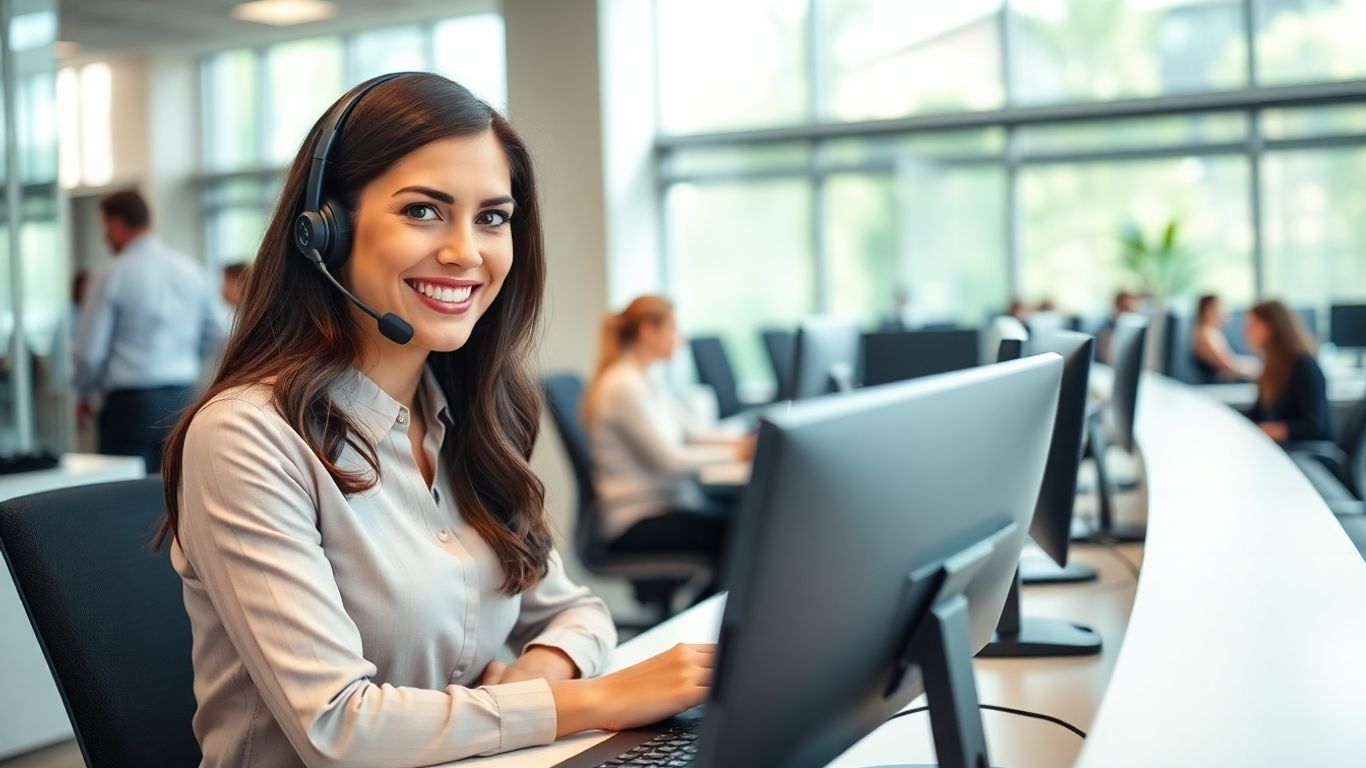 Receptionist handling multiple calls at modern office desk