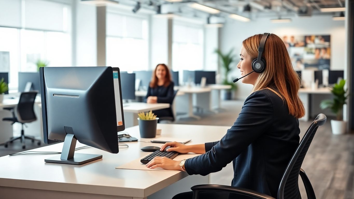Virtual receptionist in headset assisting business owners