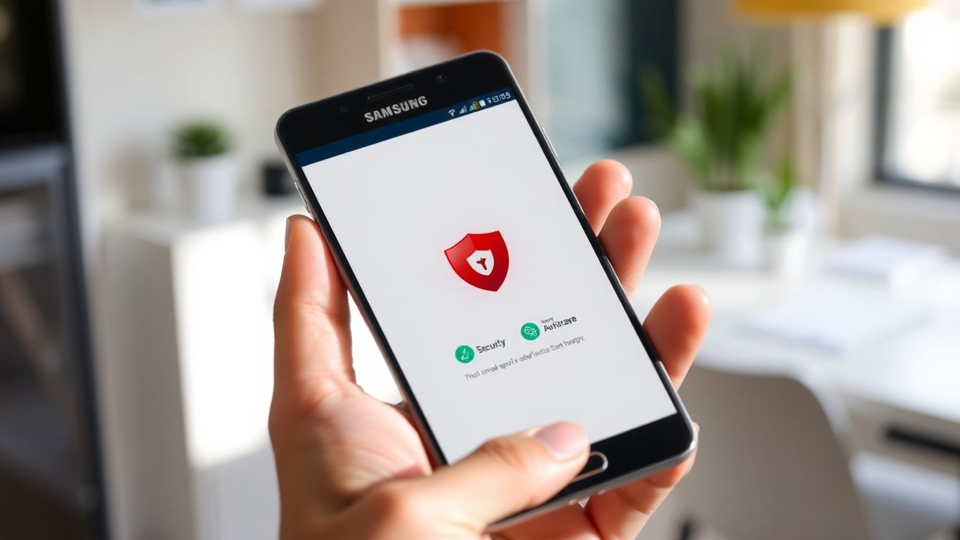 Samsung phone with antivirus app in hand