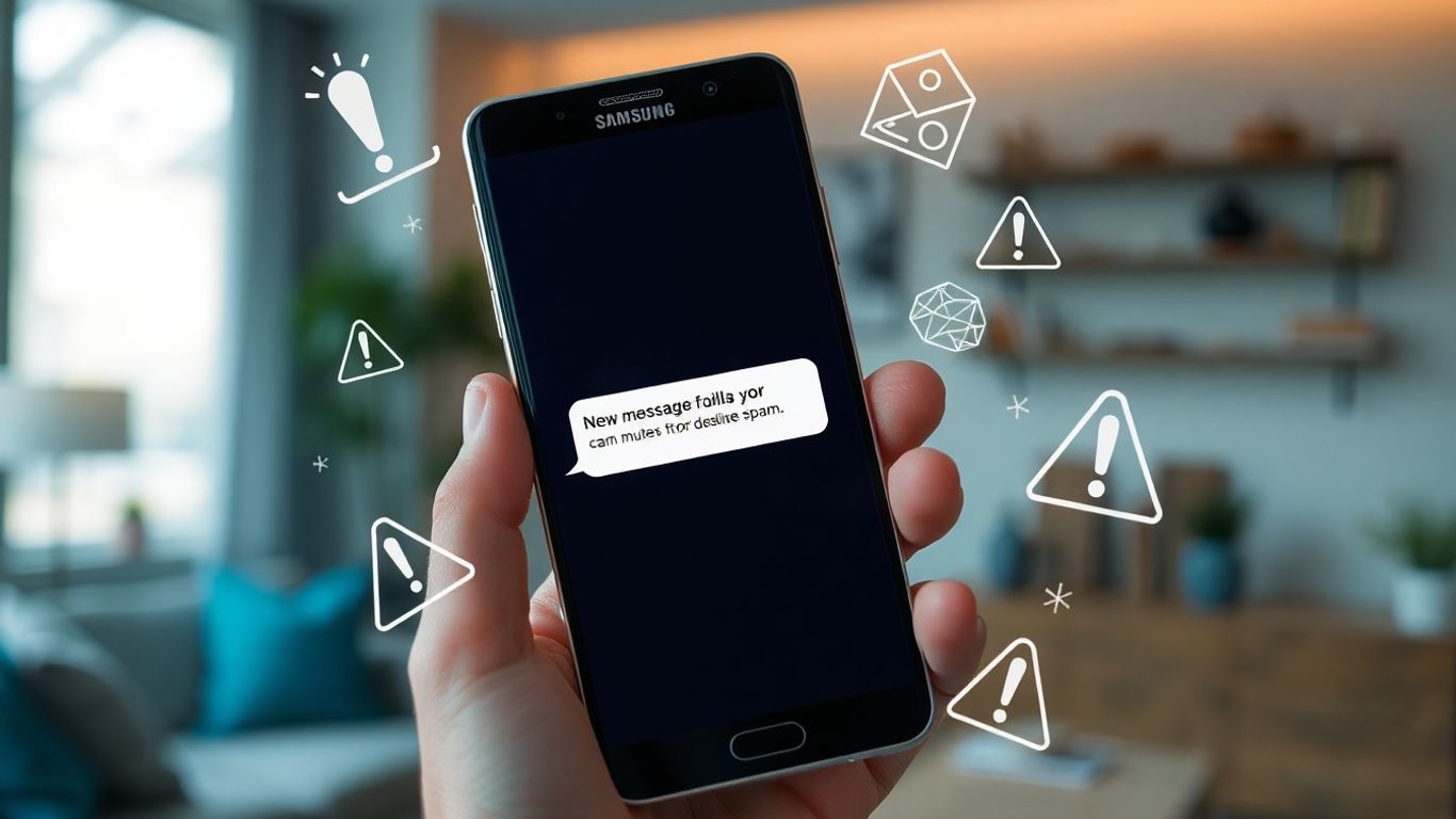 Samsung phone with spam alert icons, hand holding device