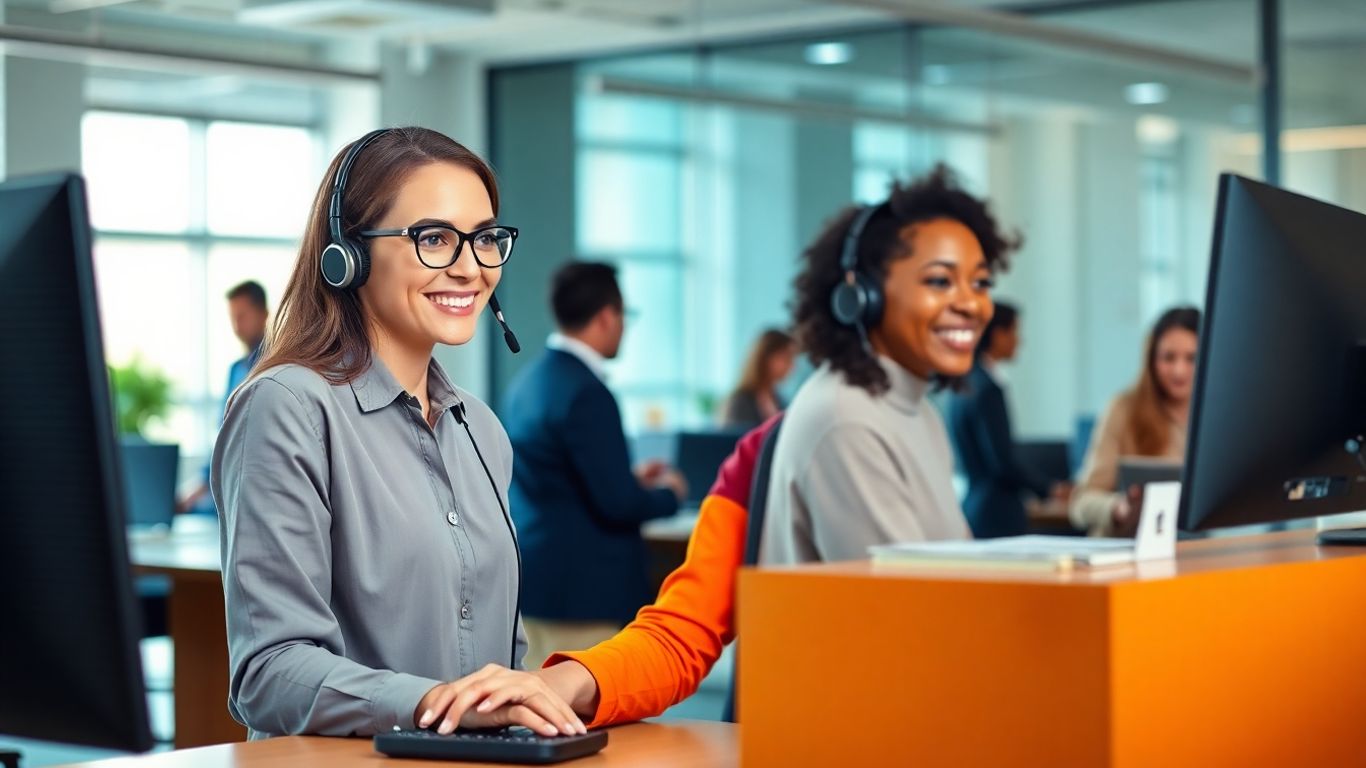 Virtual receptionist assisting in a modern business office