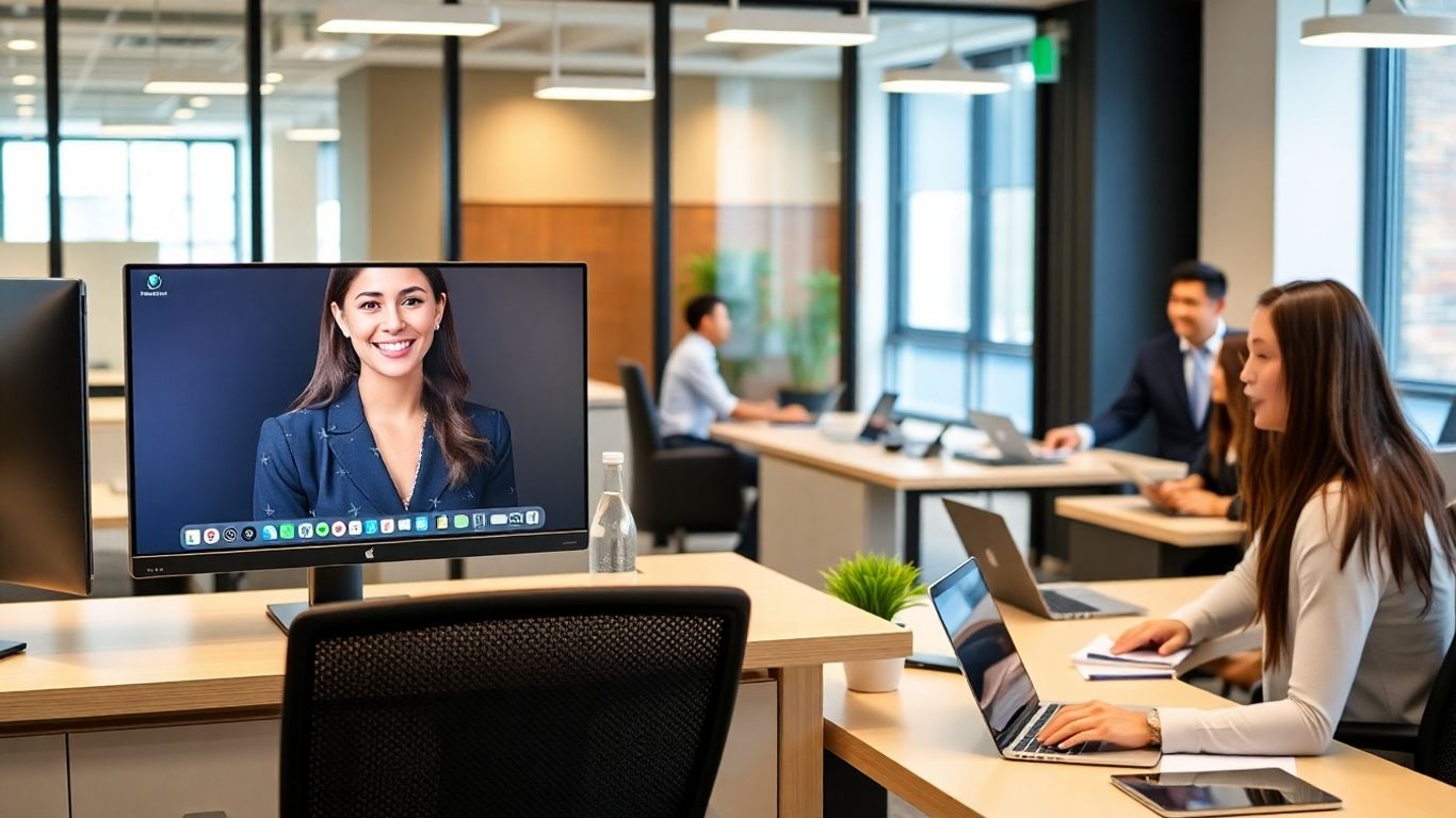 Smiling virtual receptionist on computer in modern office
