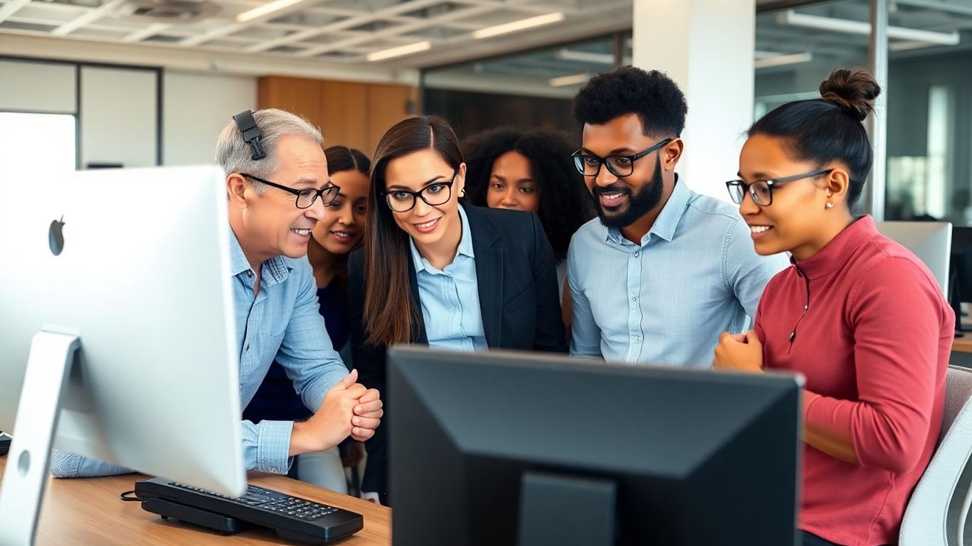 Office workers learning VoIP security at computer station.