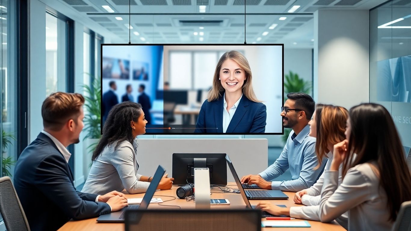 Virtual receptionist on screen with professionals in office