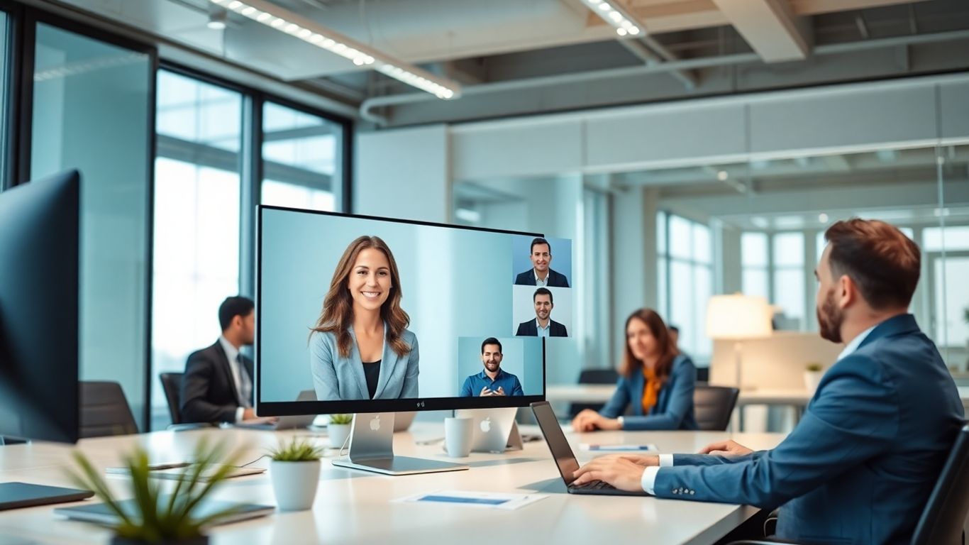 Virtual receptionist assisting multiple clients in modern office.