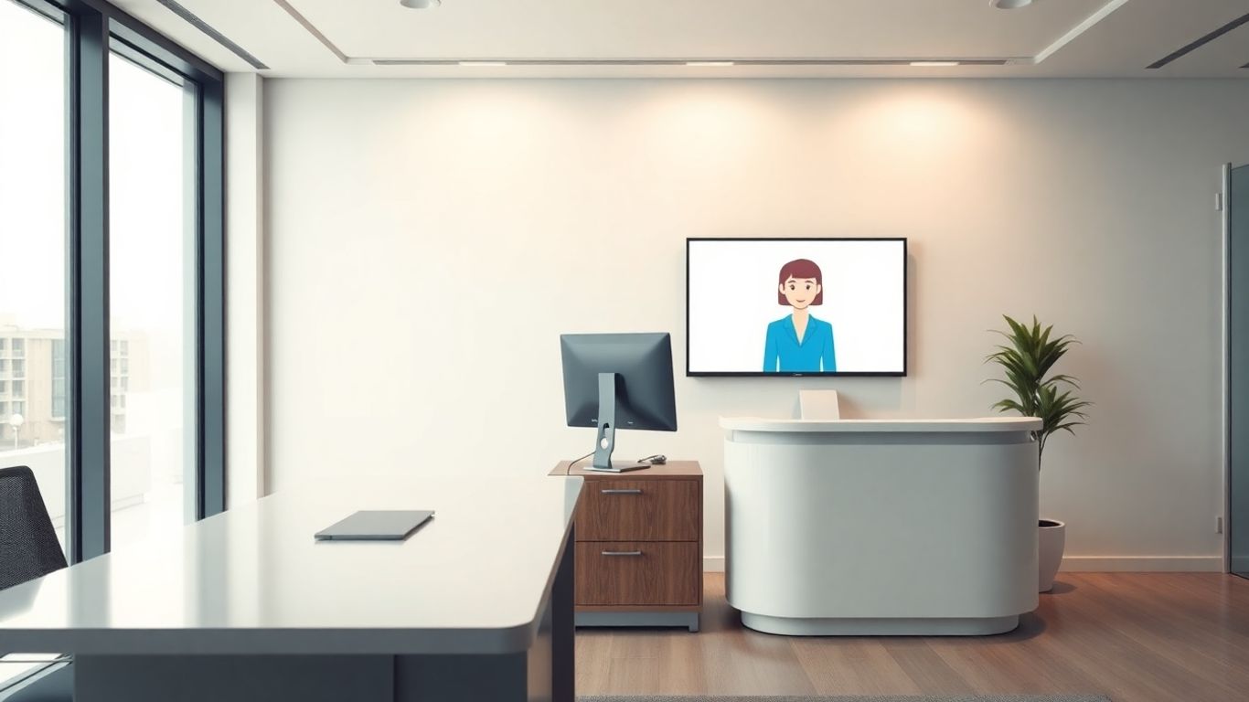 Virtual receptionist on screen beside empty reception desk