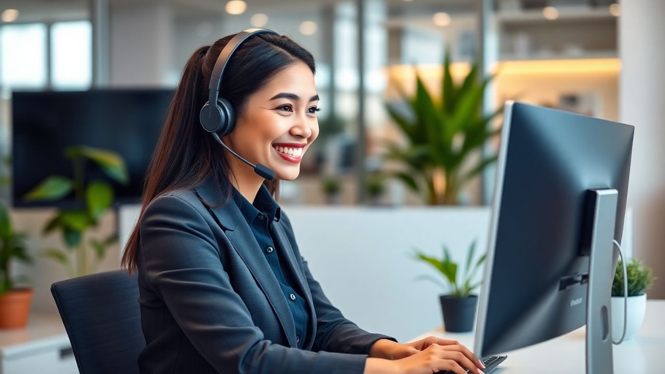 Virtual receptionist at desk answering business call