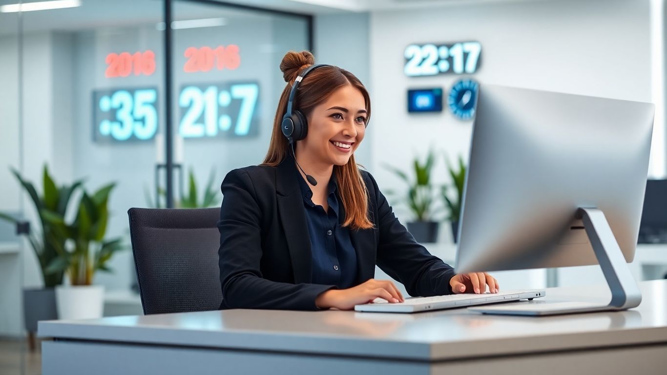 Virtual receptionist working late in modern office environment