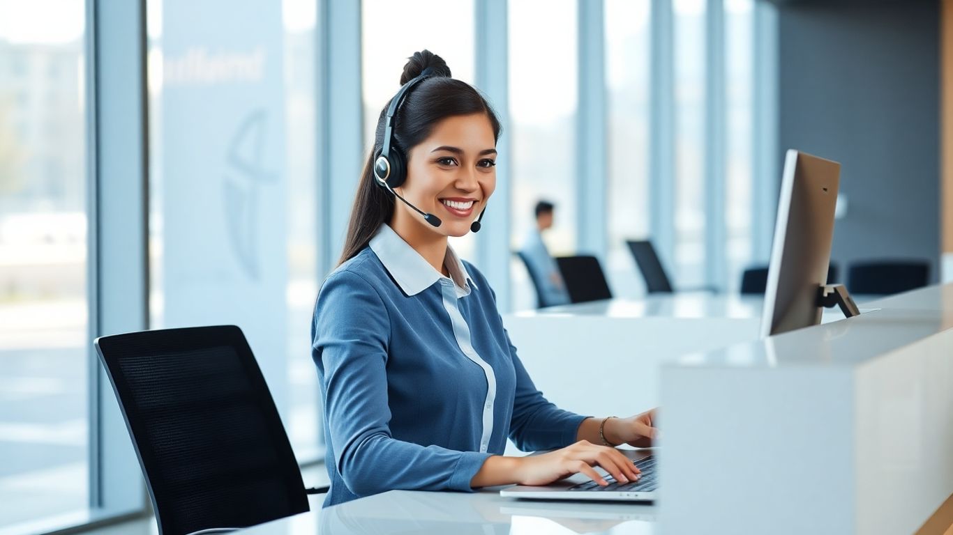 Receptionist with headset at desk in modern office