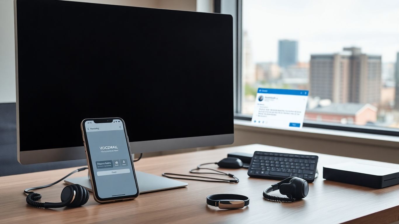 Modern Waukegan office desk with voicemail notifications visible