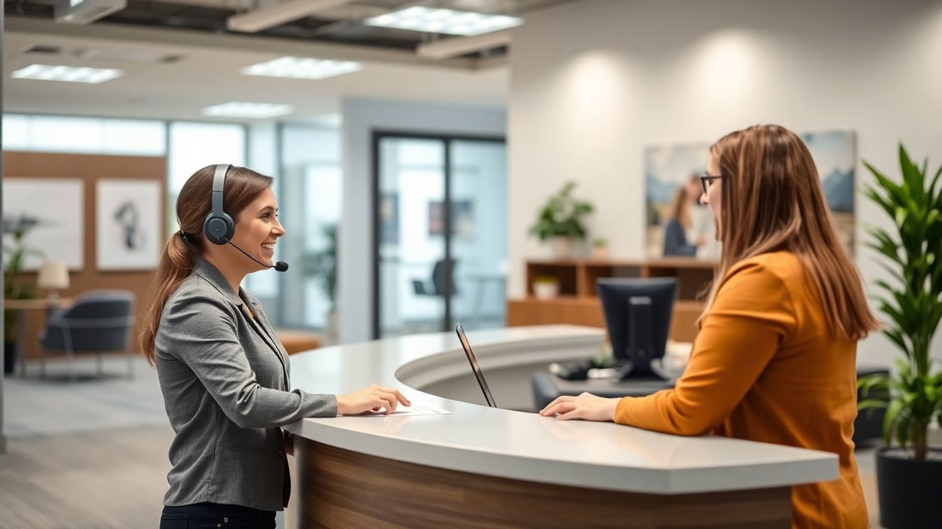 Receptionist greeting business owner in a modern office