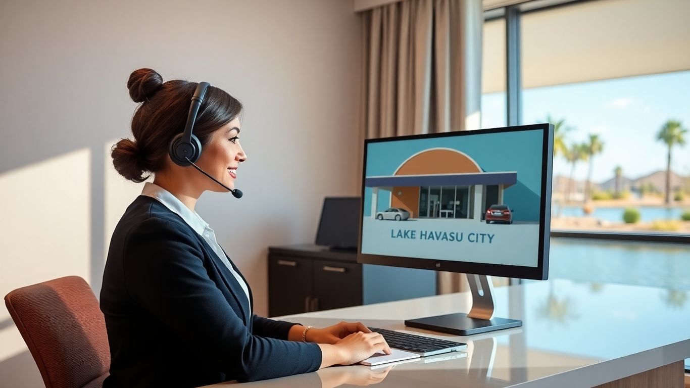 Virtual receptionist at desk with Lake Havasu background