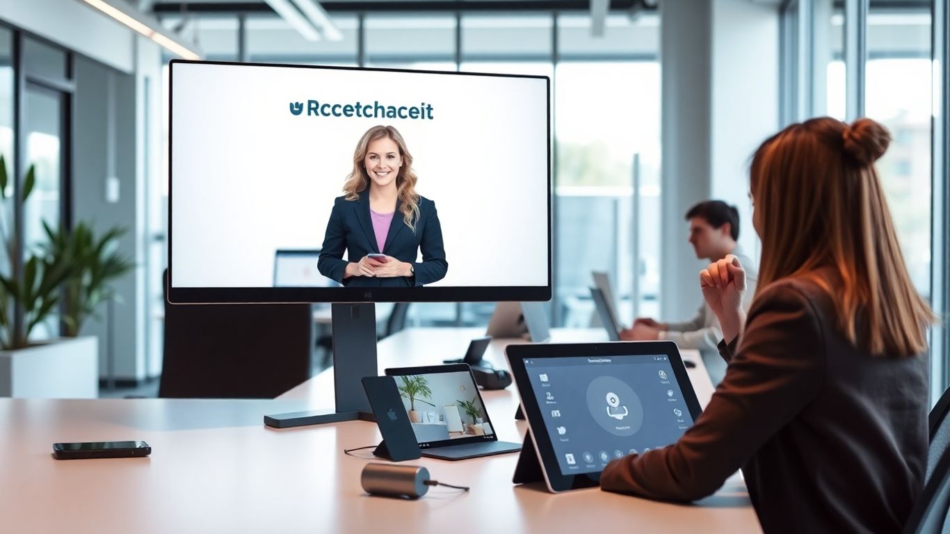 Virtual receptionist on screen in a modern office