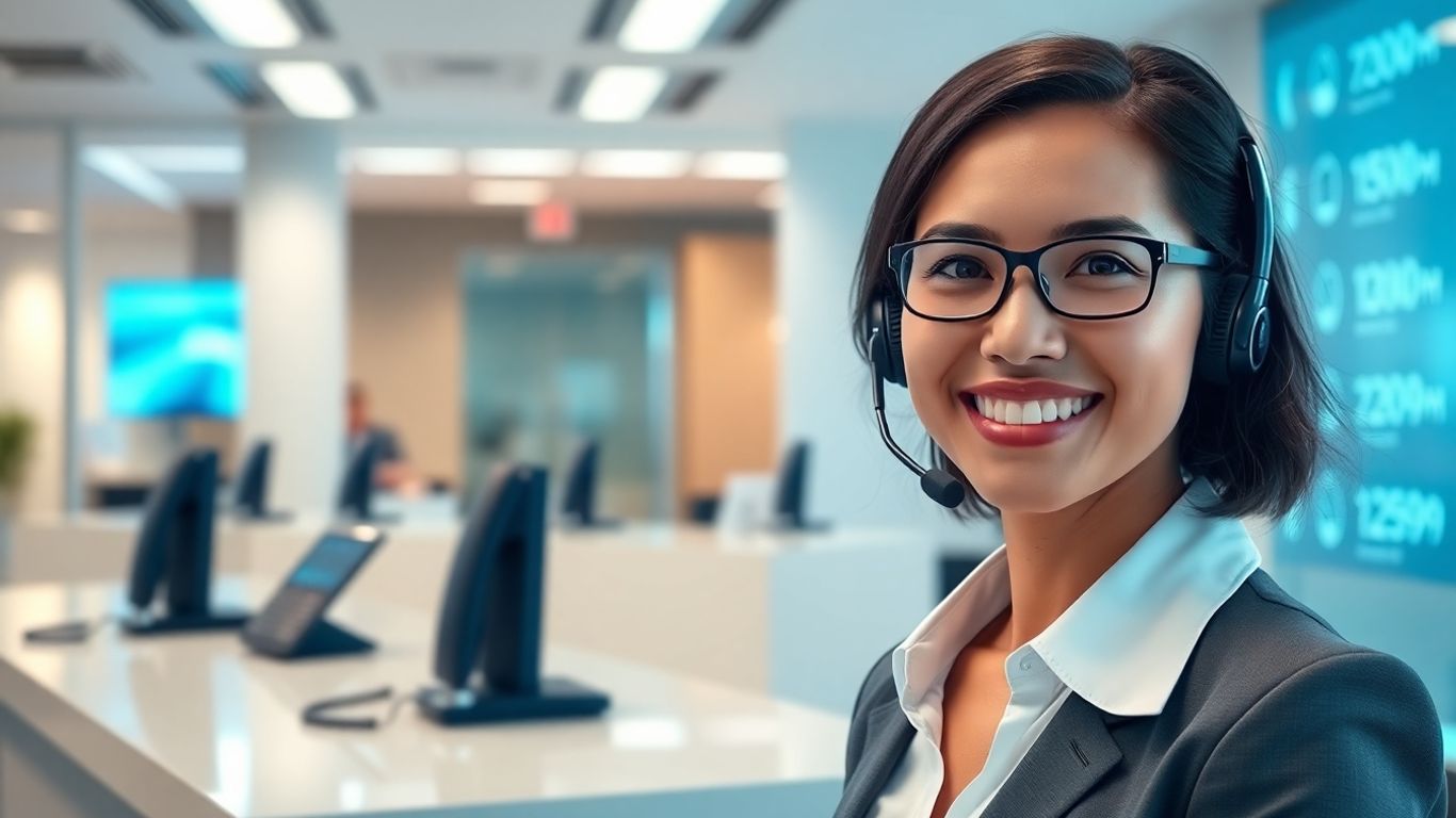 Virtual receptionist handling many calls in a modern office