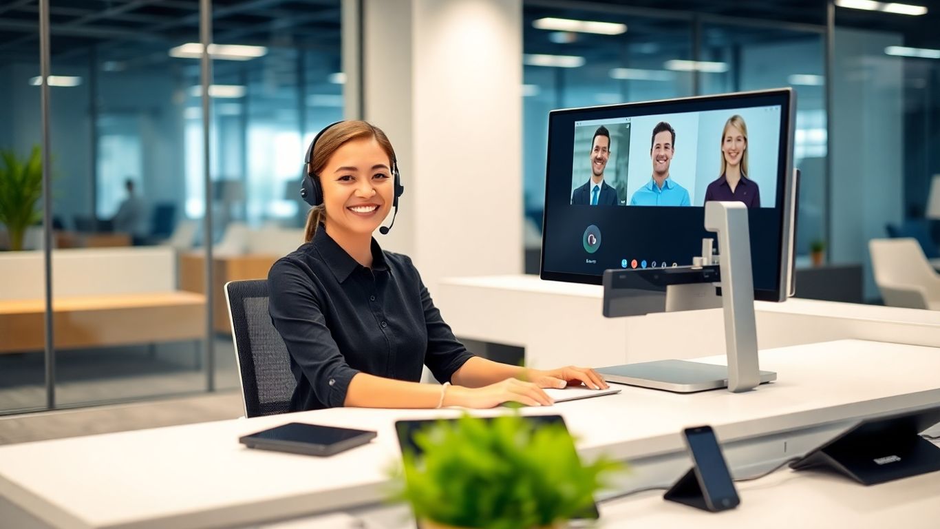 Smiling virtual receptionist at modern office workstation
