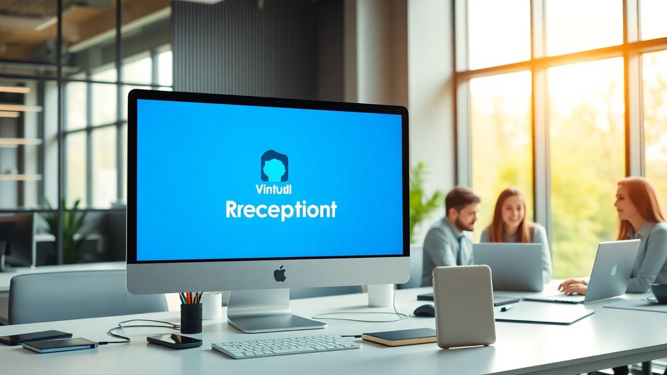 Virtual receptionist on screen with business team and devices