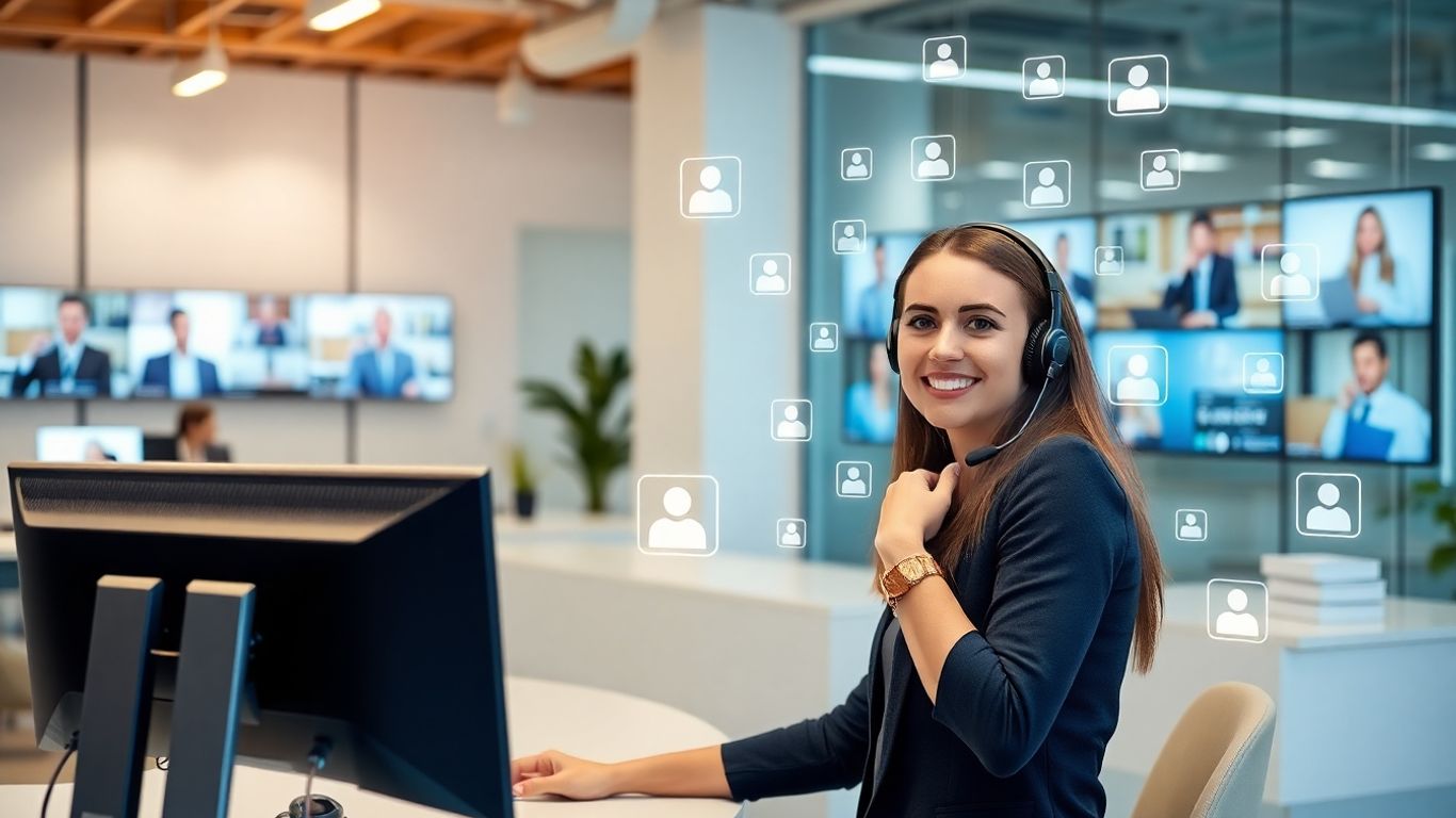 Receptionist at desk with headset and digital communication icons.
