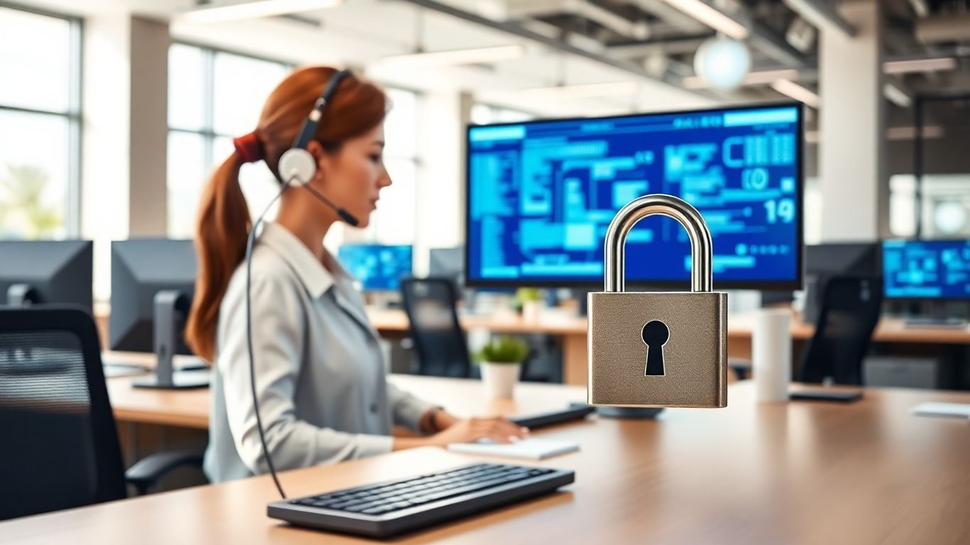Virtual receptionist at desk with security padlocks