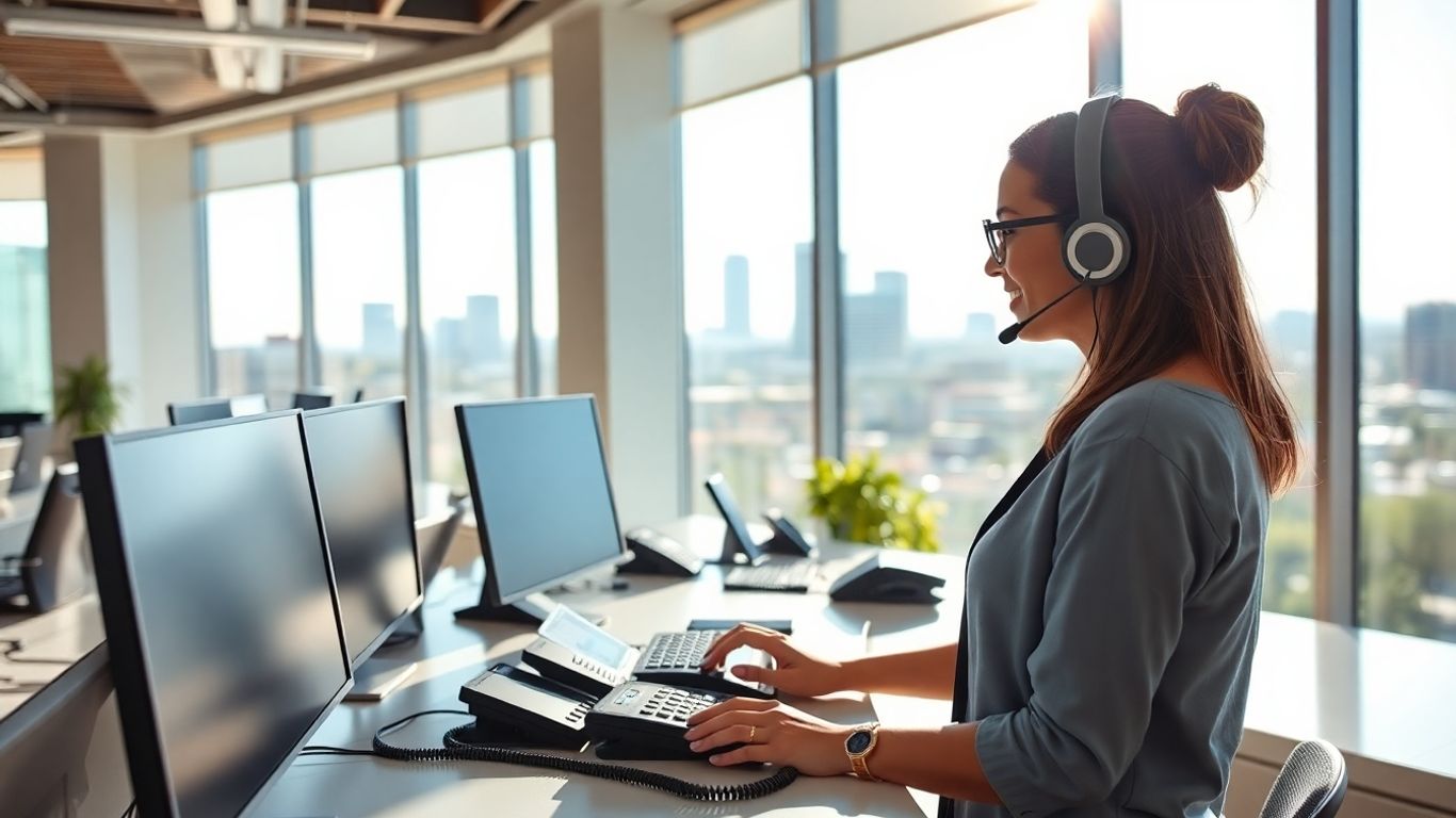 Receptionist multitasking at modern Tempe office, phones ringing.
