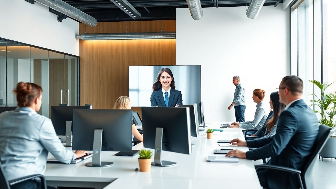 Virtual receptionist on screen in modern office setting