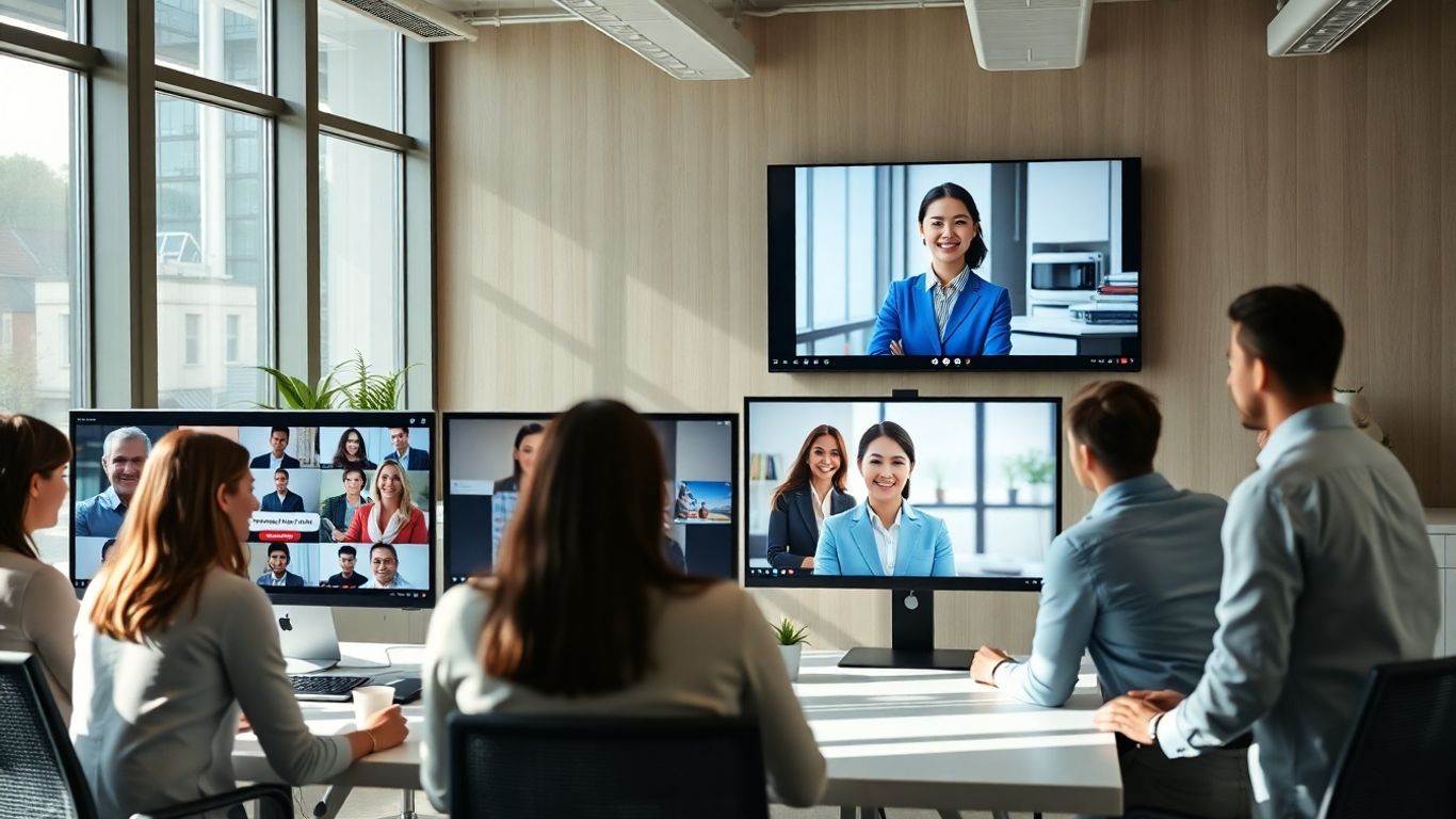 Virtual receptionist assisting clients in a modern office