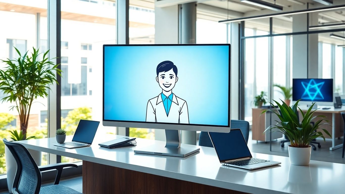 Virtual receptionist at modern office desk with technology