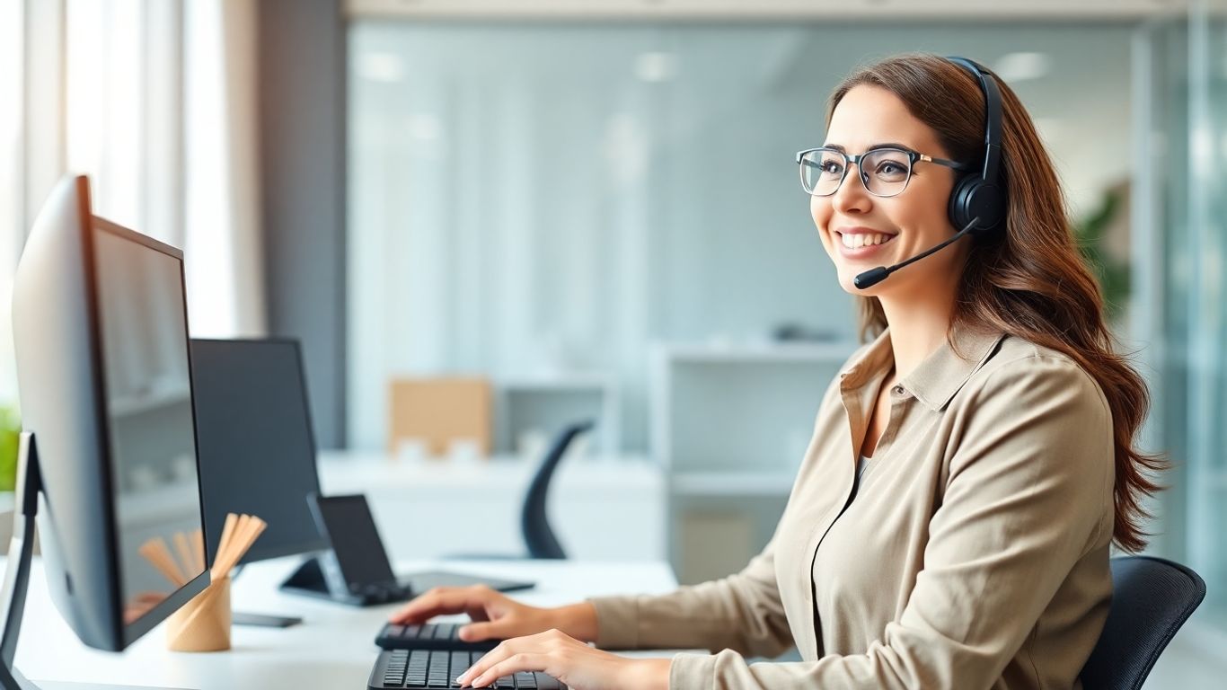 Virtual receptionist handling business calls in modern office