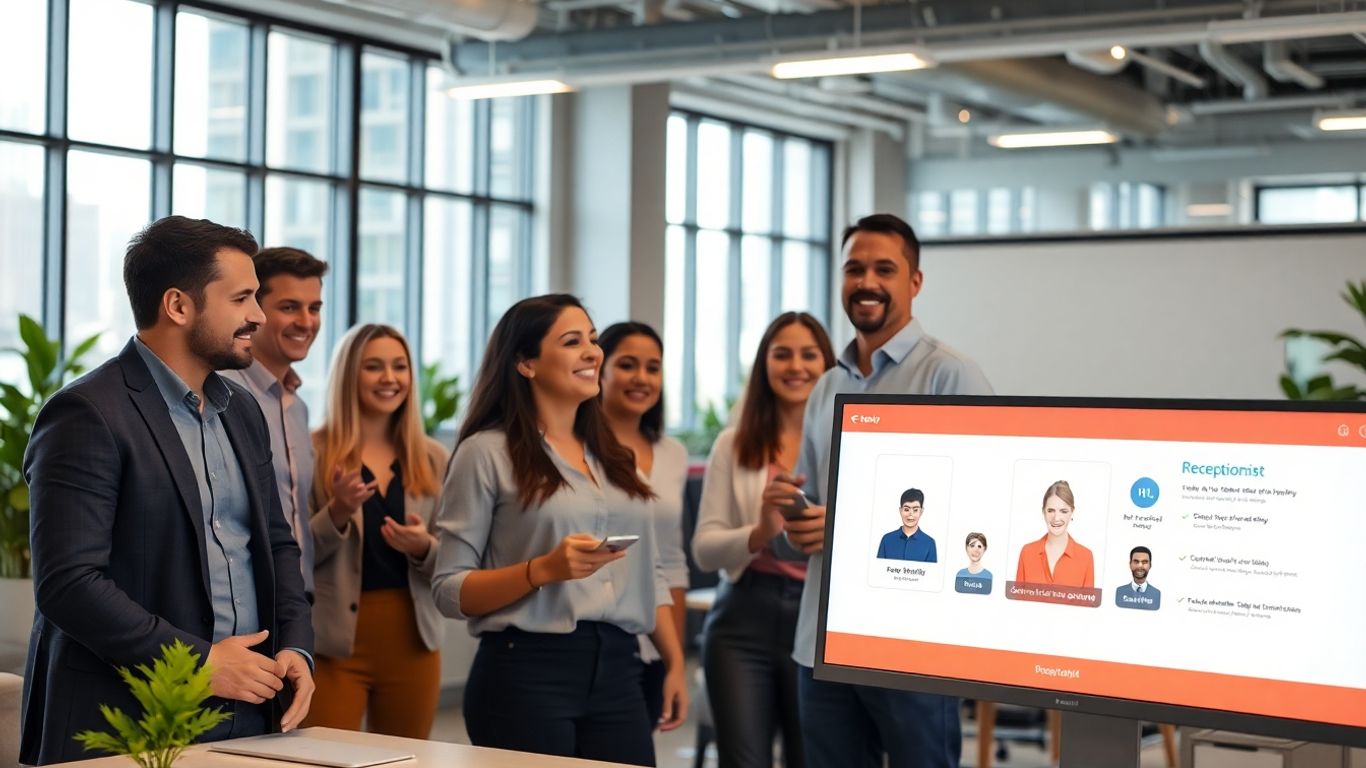 Team in office using virtual receptionist software