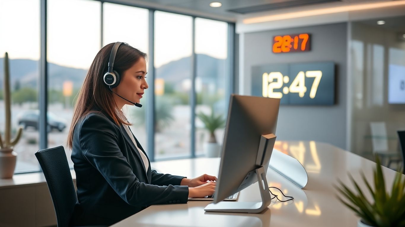 Virtual receptionist working at modern desk in office