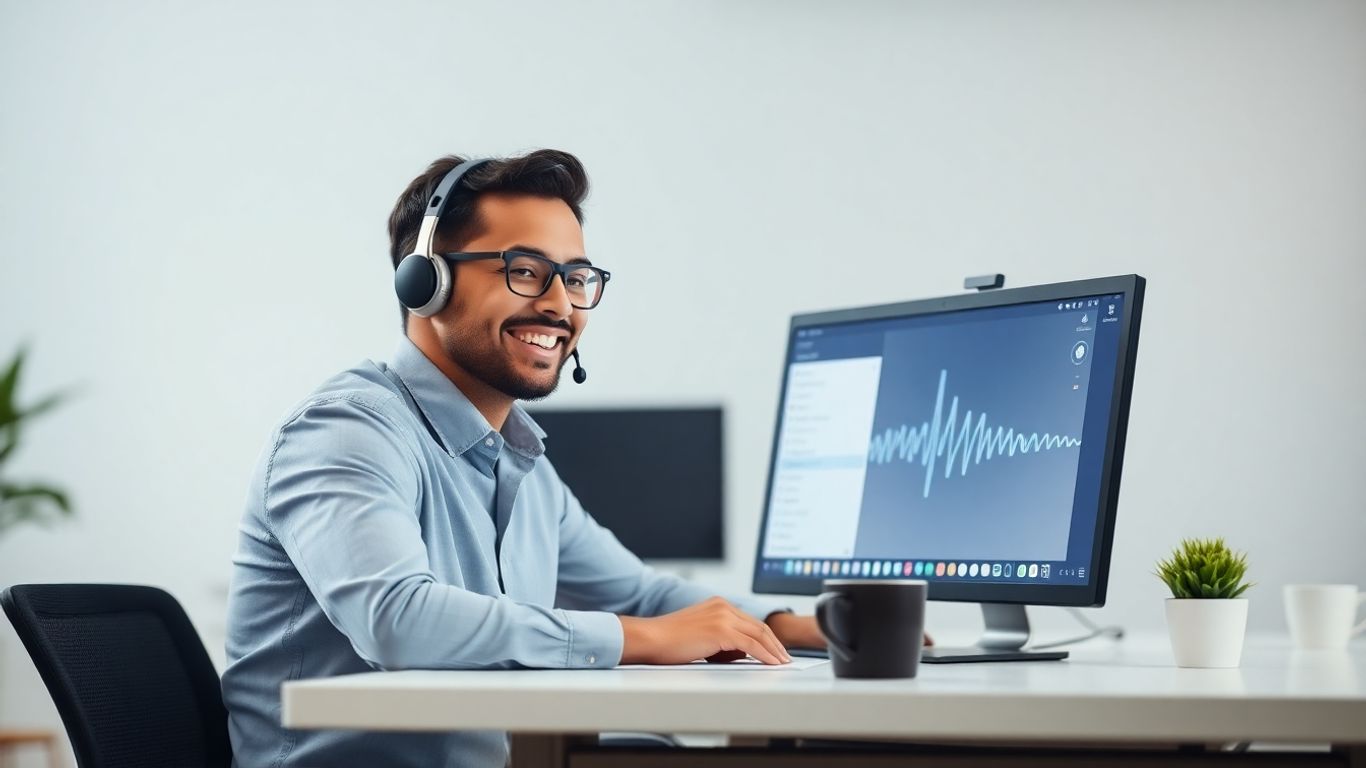 Professional using headset and computer in modern office