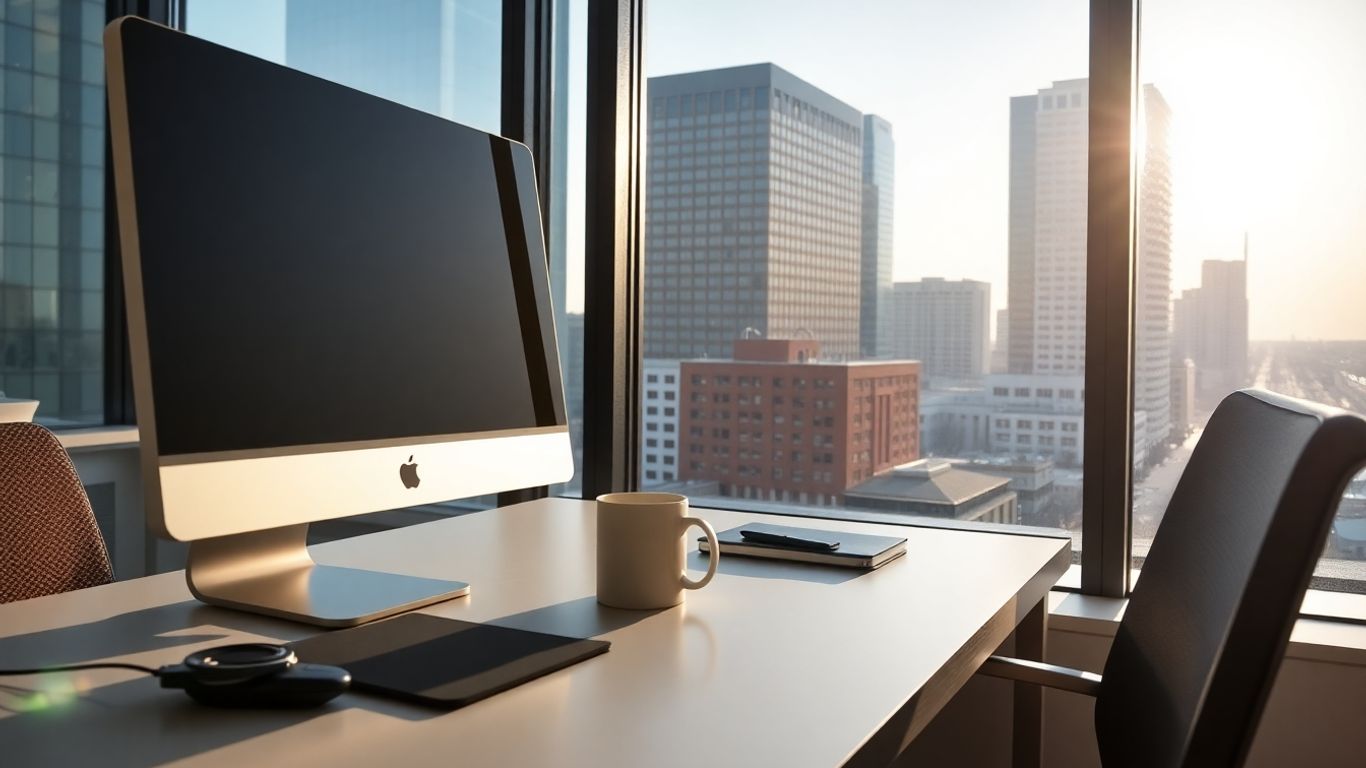 Virtual receptionist workspace overlooking Joliet city buildings