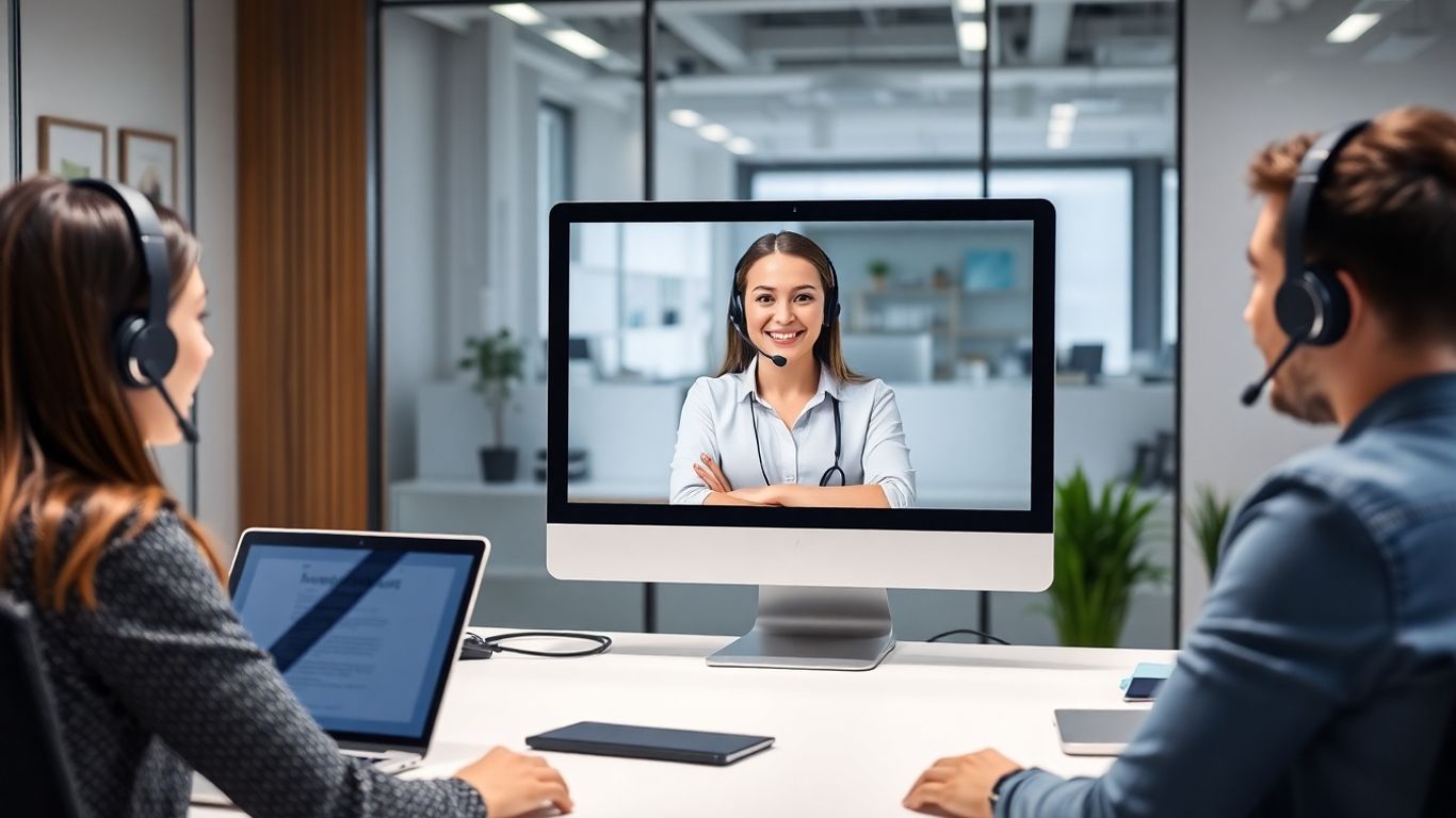 Virtual receptionist greeting clients in modern Joliet office