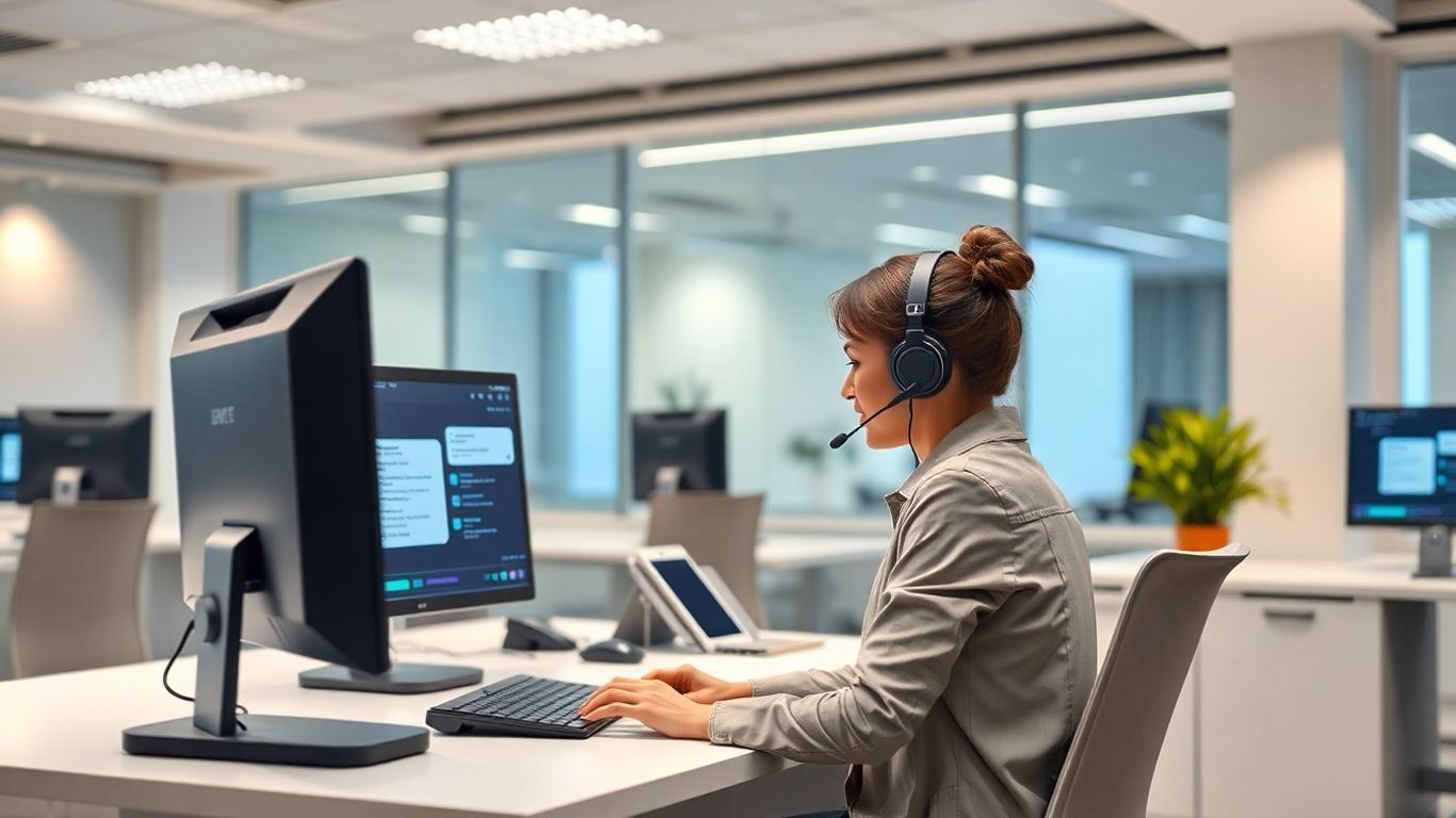 Receptionist answering calls in modern office workspace