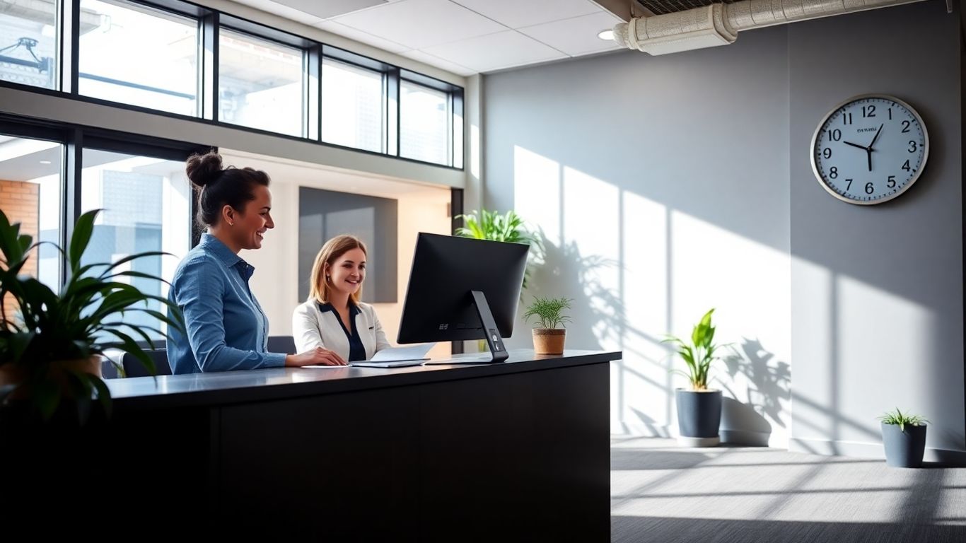 Receptionist working at a bright, modern office front desk.