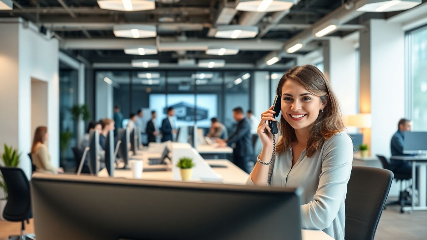 Receptionist answering phone in modern busy small office