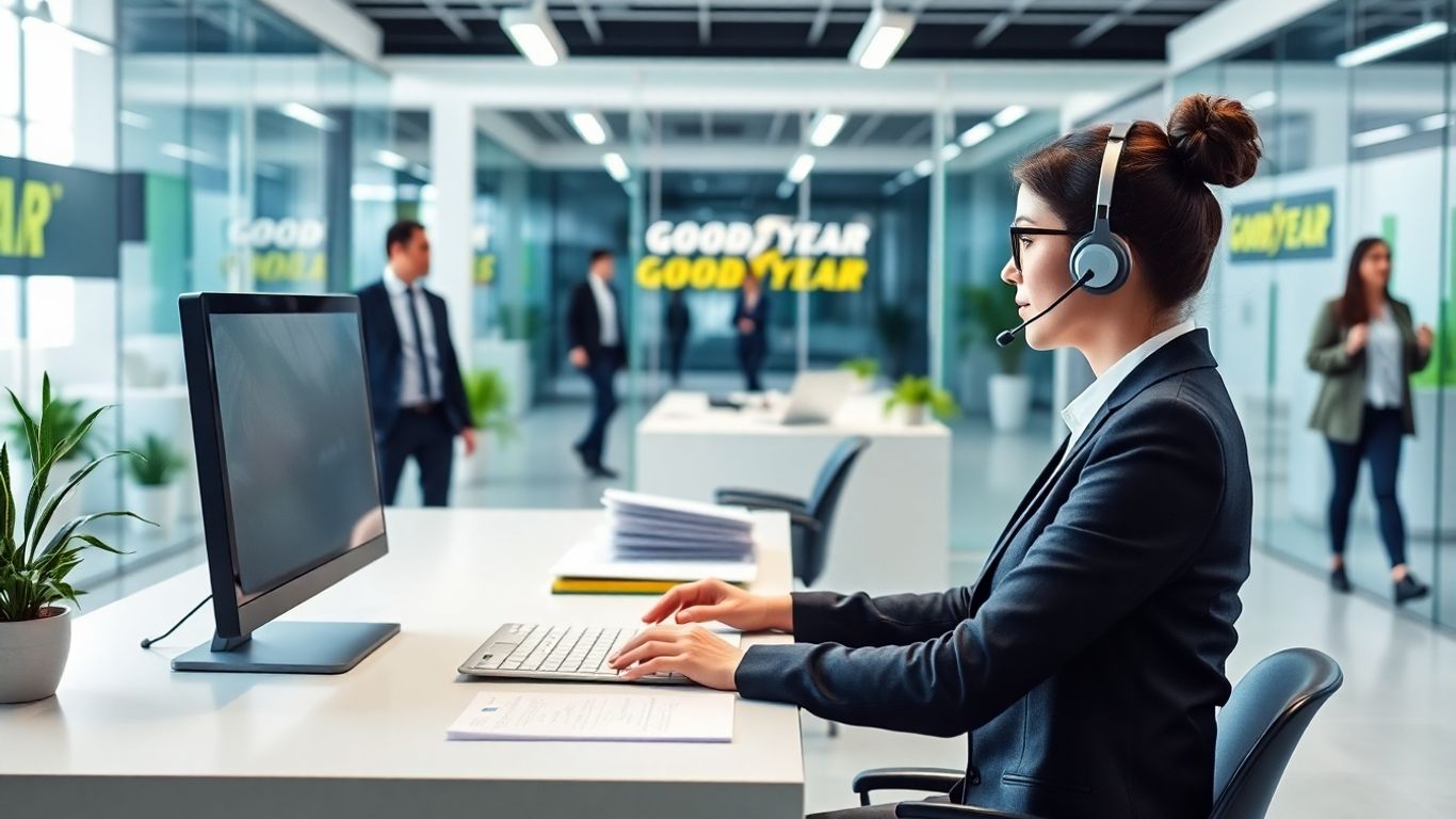 Virtual receptionist at office desk with headset and computer