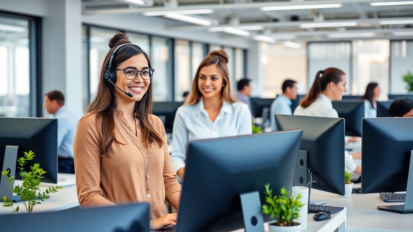 Receptionist with headset in a busy modern office