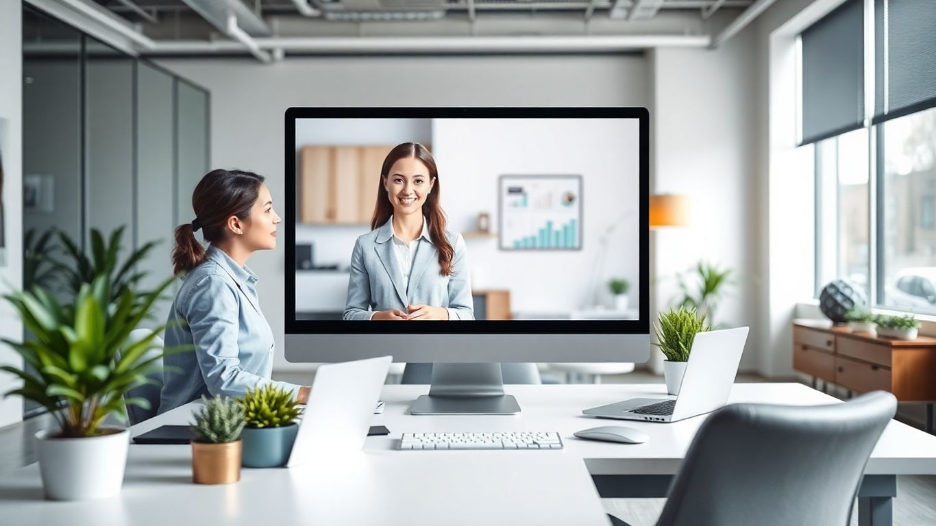 Virtual receptionist on computer screen assisting office professional