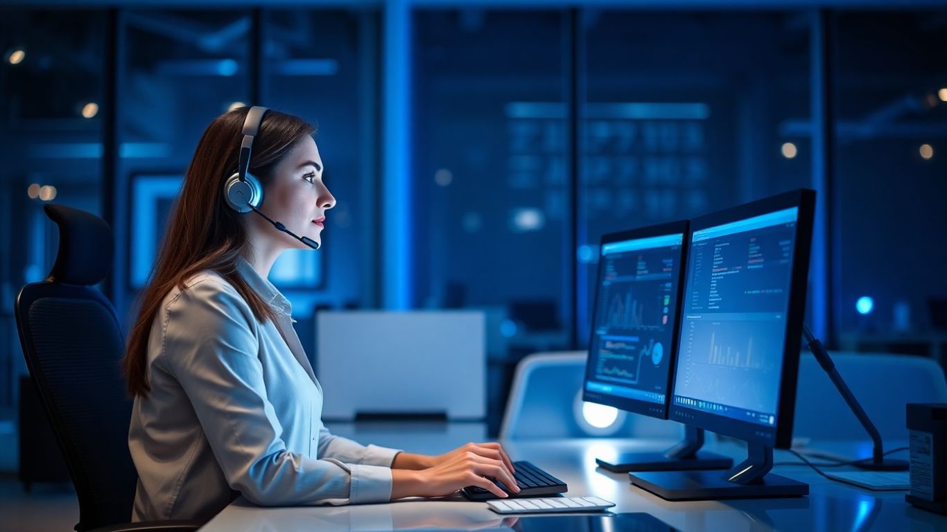 Receptionist with headset working late in a modern office