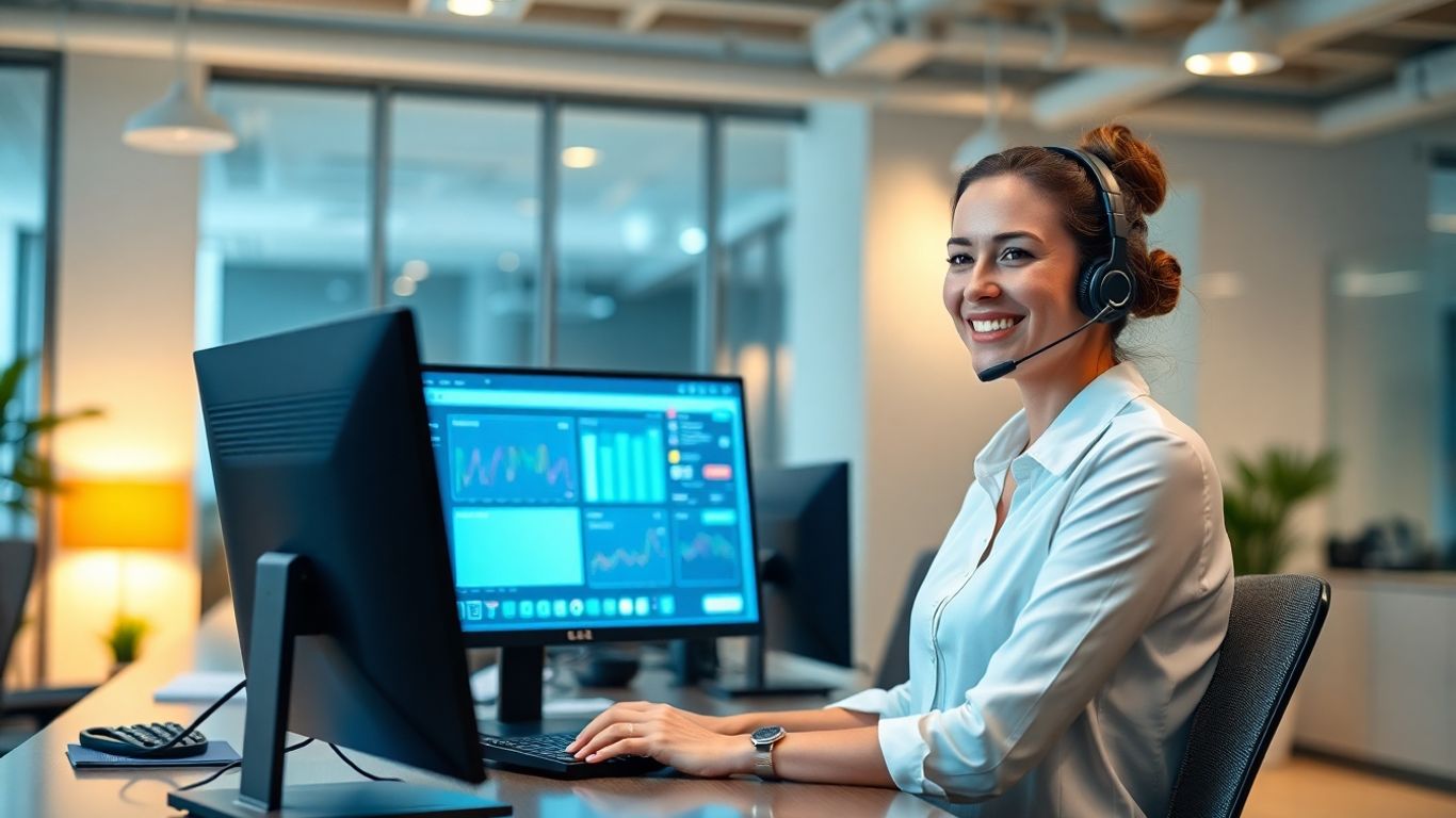 Receptionist at computer with digital interfaces in office