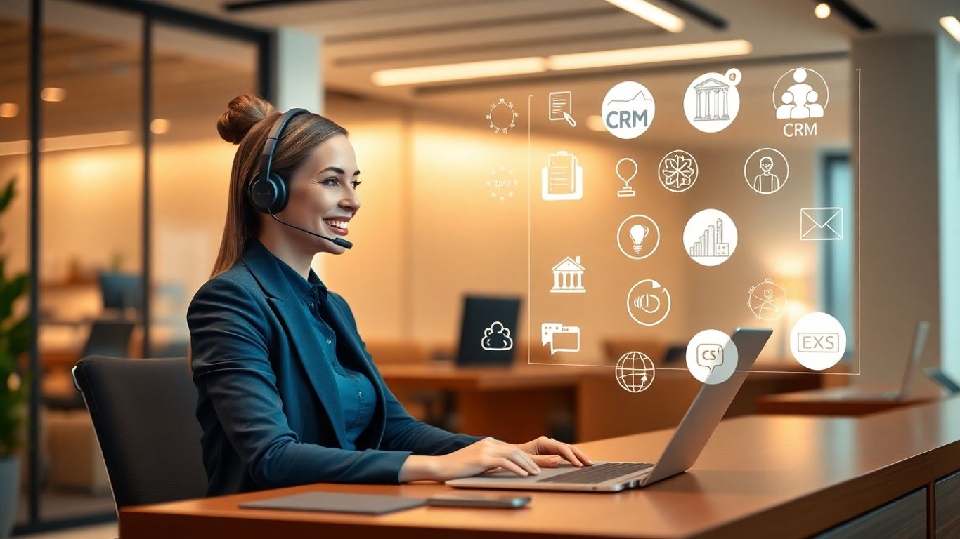 Virtual receptionist at desk with CRM icons in office