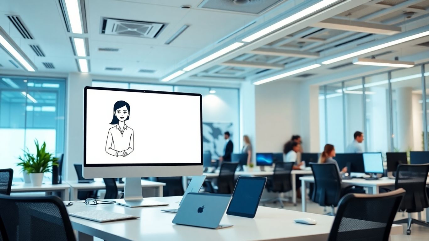 Virtual receptionist on computer in modern, high-tech office