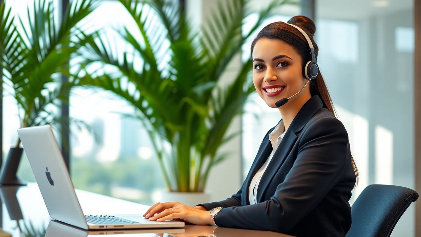 Virtual receptionist at desk with Boca Raton skyline