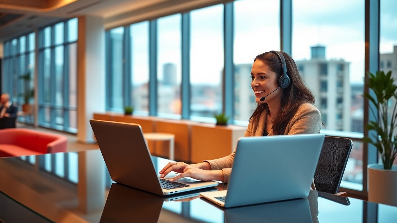 Virtual receptionist working in bright modern Naperville office