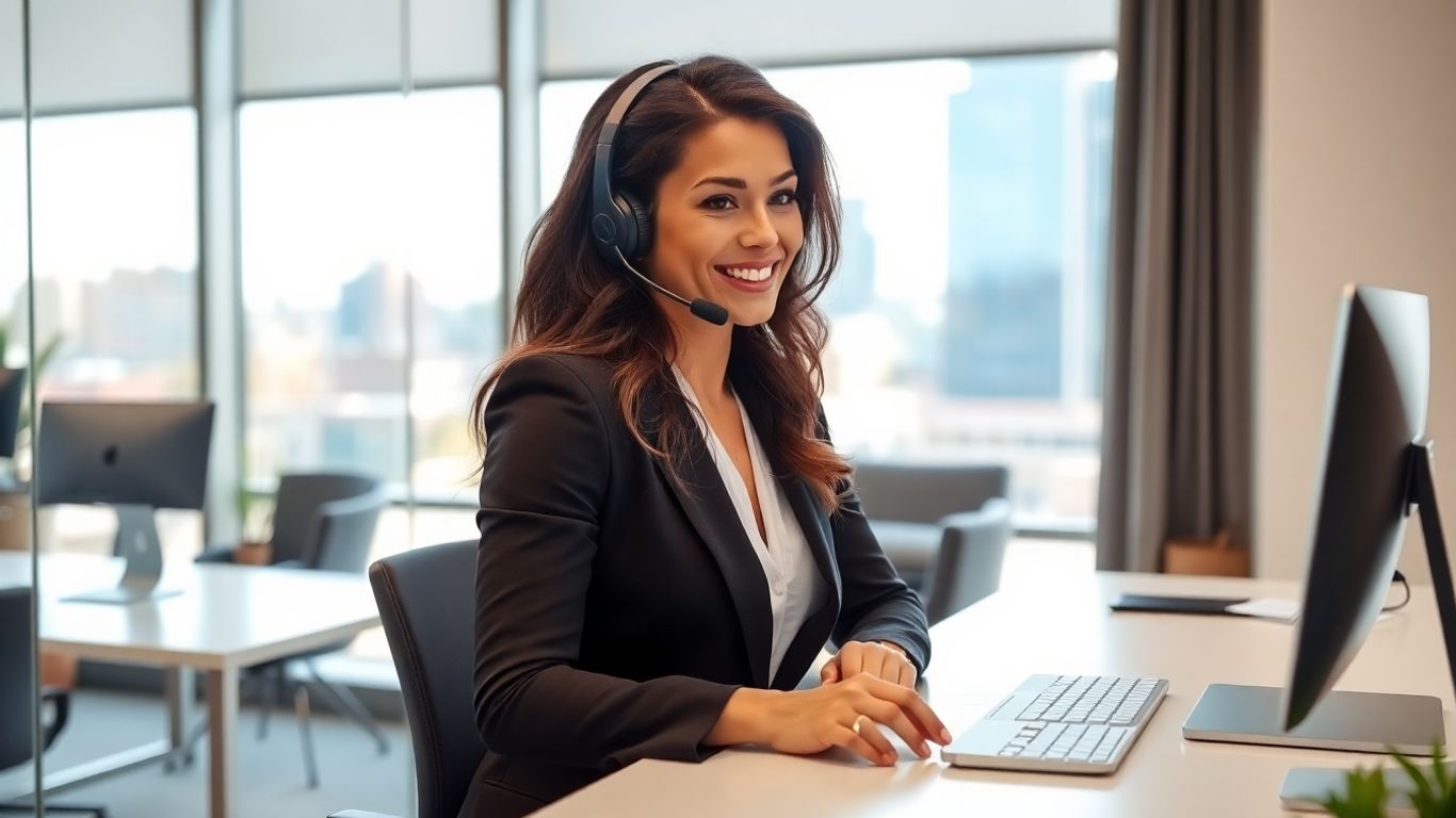 Virtual receptionist helping Naperville business owner in modern office